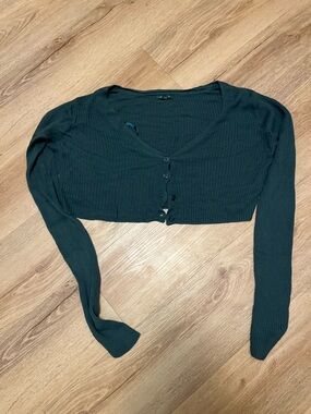 wild fable Teal Ribbed Cropped Button-Front Cardigan